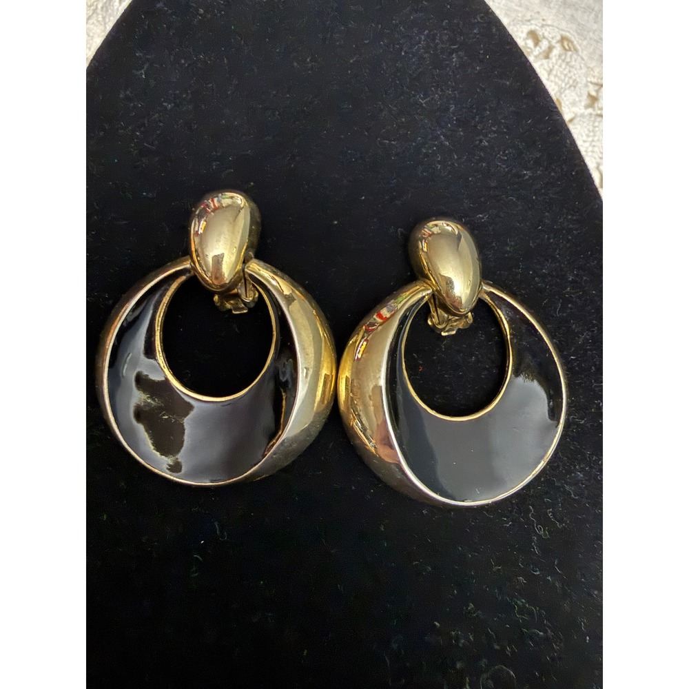 Vintage Les Bernard Black Gold Tone Doorknocker Clip On Statement Earrings